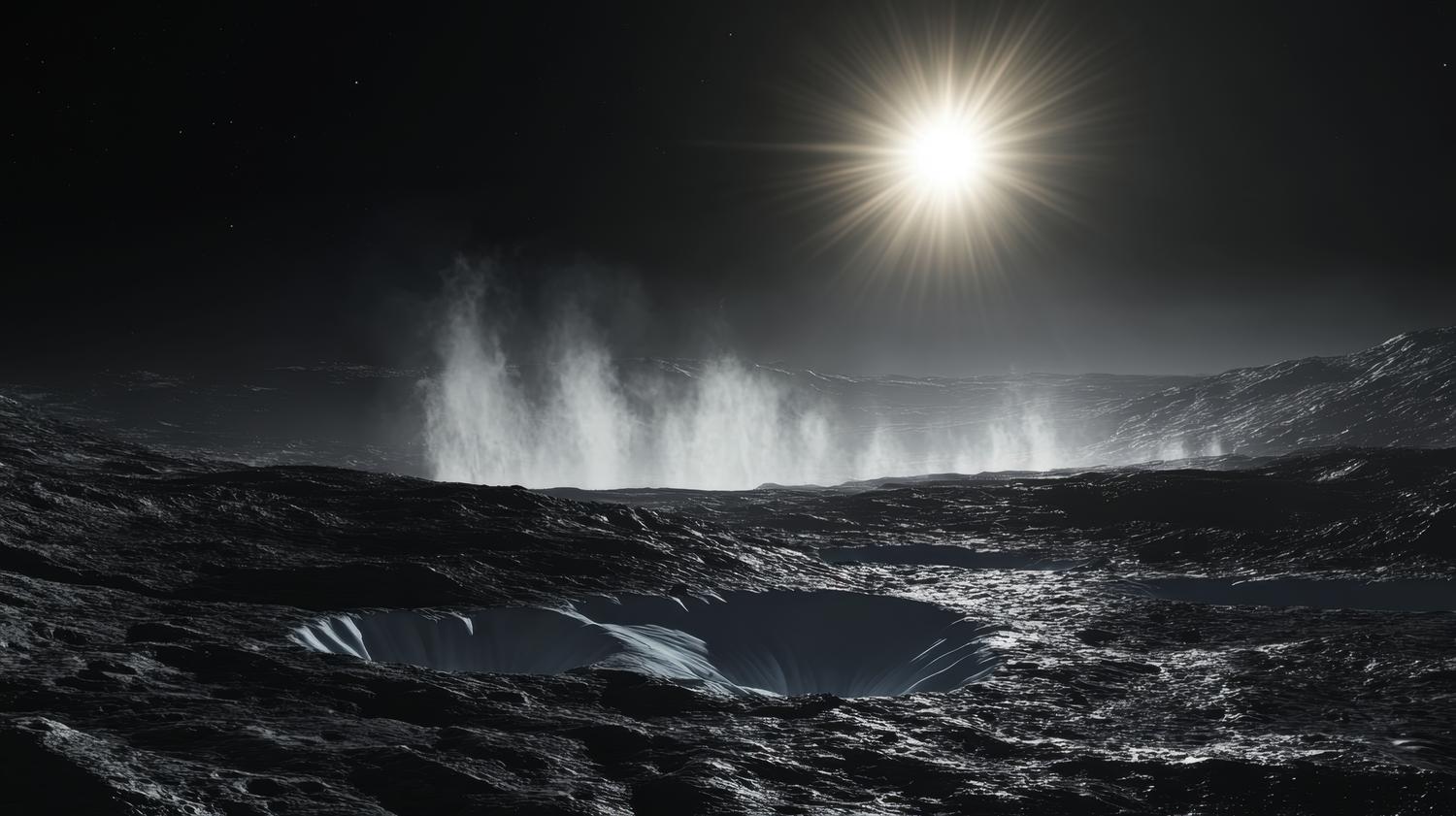 Vista de la luna Encélado de Saturno con géiseres de agua líquida erupcionando hacia el espacio, contrastando con los anillos del planeta.