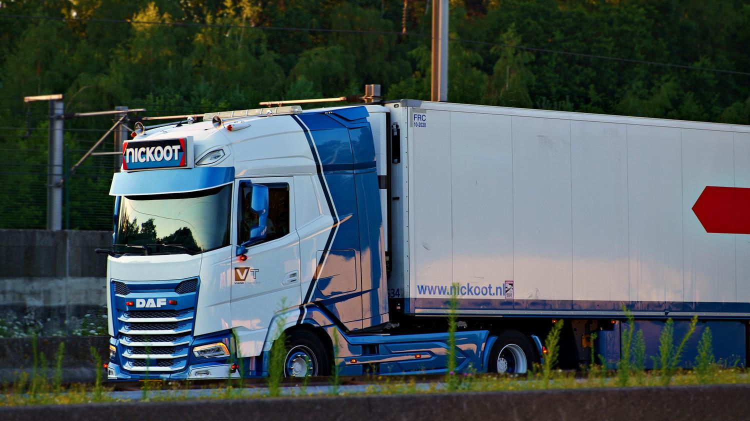 Camión DAF con remolque circulando por una autopista de Amberes, Bélgica, durante el atardecer con alta calidad visual.