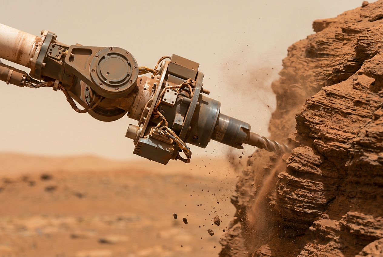 Brazo robótico de un rover marciano extrayendo una muestra de núcleo de una roca sedimentaria roja en Marte.