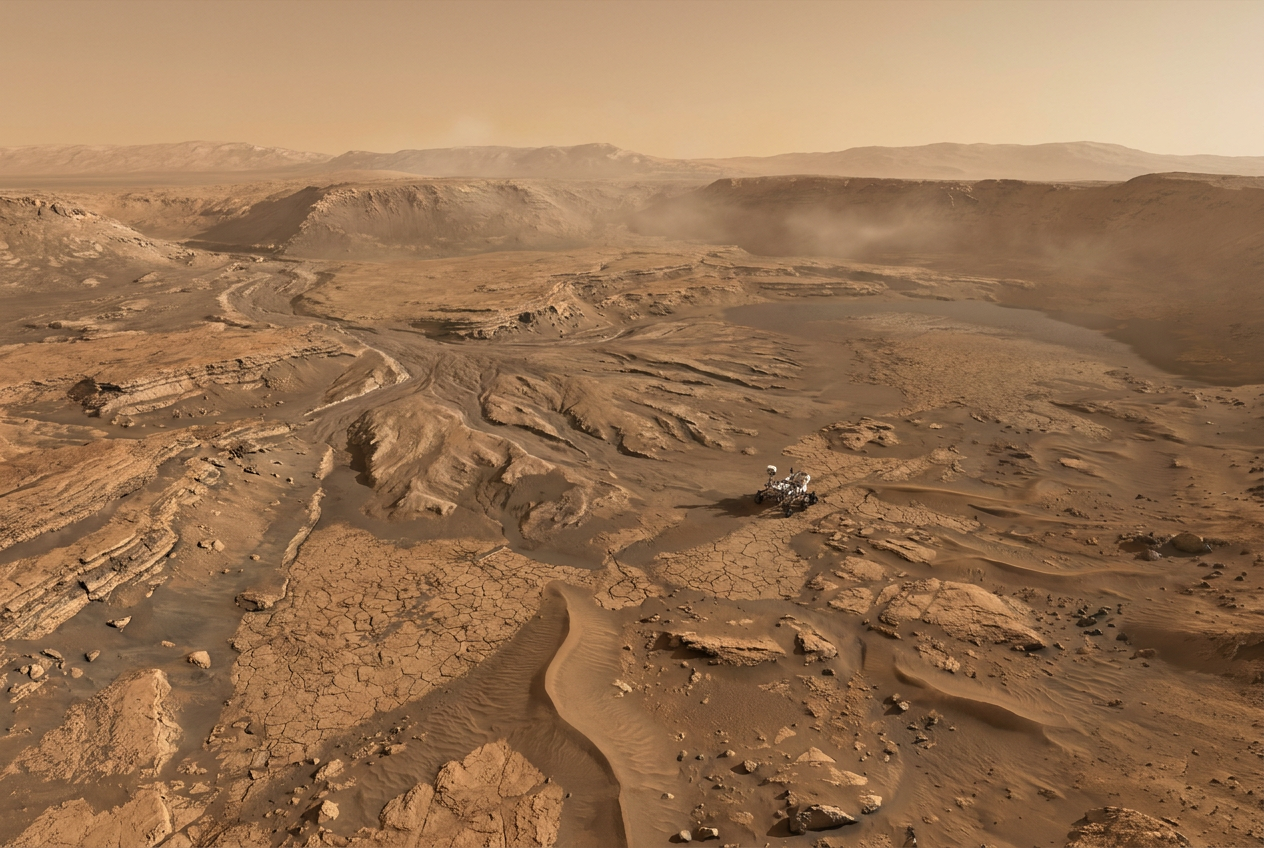 Vista panorámica del Cráter Jezero en Marte con lechos de ríos secos y formaciones rocosas sedimentarias bajo un cielo anaranjado.
