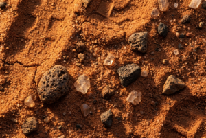 Primer plano detallado del regolito marciano, mostrando polvo rojizo, pequeñas rocas volcánicas y fragmentos minerales.