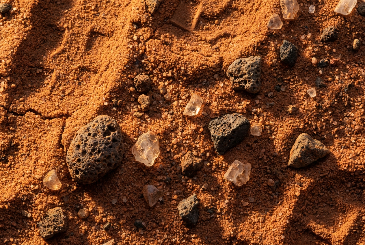 Primer plano detallado del regolito marciano, mostrando polvo rojizo, pequeñas rocas volcánicas y fragmentos minerales.