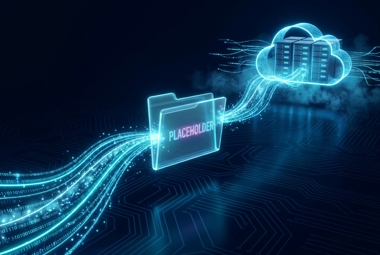 Representación conceptual de la virtualización de archivos con una carpeta holográfica conectada a un servidor en la nube.