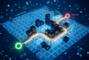 Visualización 3D de alta tecnología del algoritmo de búsqueda de caminos A* sobre una cuadrícula digital brillante, mostrando la ruta óptima entre un punto de inicio verde y un destino rojo evitando obstáculos.