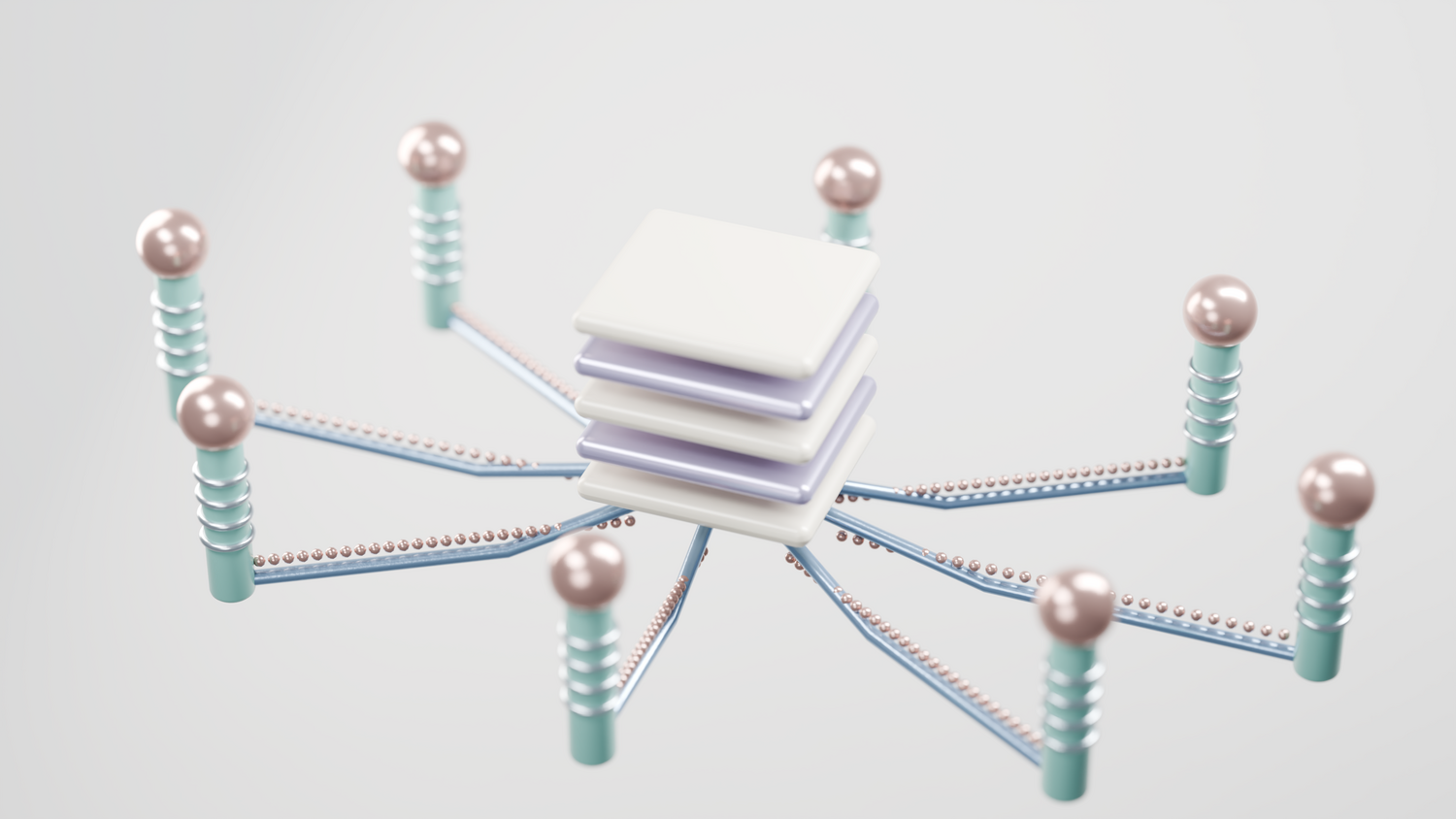 Representación abstracta en 3D de una estructura de red digital con nodos y conexiones, ideal para ilustrar el concepto de grafos y nodos del algoritmo A*.
