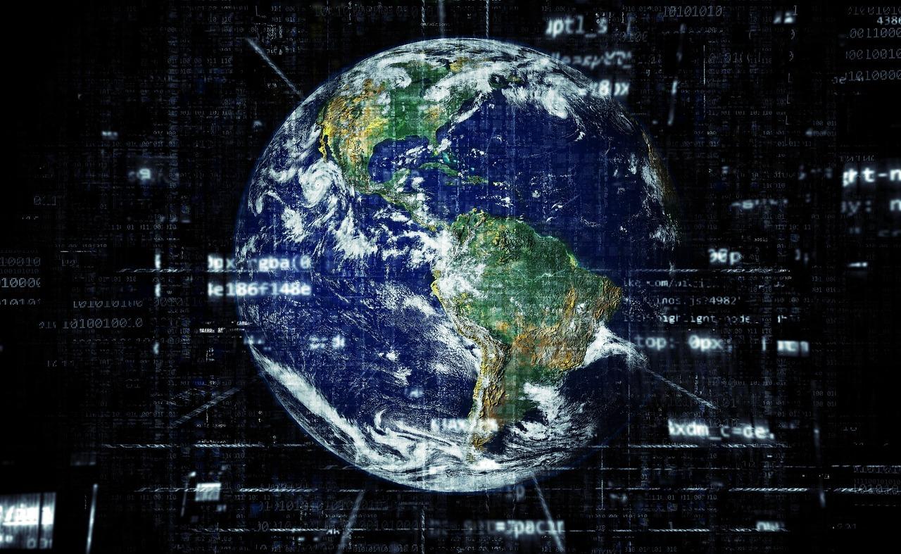 Ilustración digital de una red global de datos conectando el planeta Tierra, representando la aplicación del algoritmo A* en sistemas de mapeo digital y GPS.