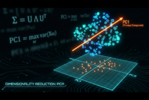 Visualización conceptual del Análisis de Componentes Principales (PCA) mostrando una nube de datos 3D proyectada sobre un plano 2D con el vector del componente principal resaltado.
