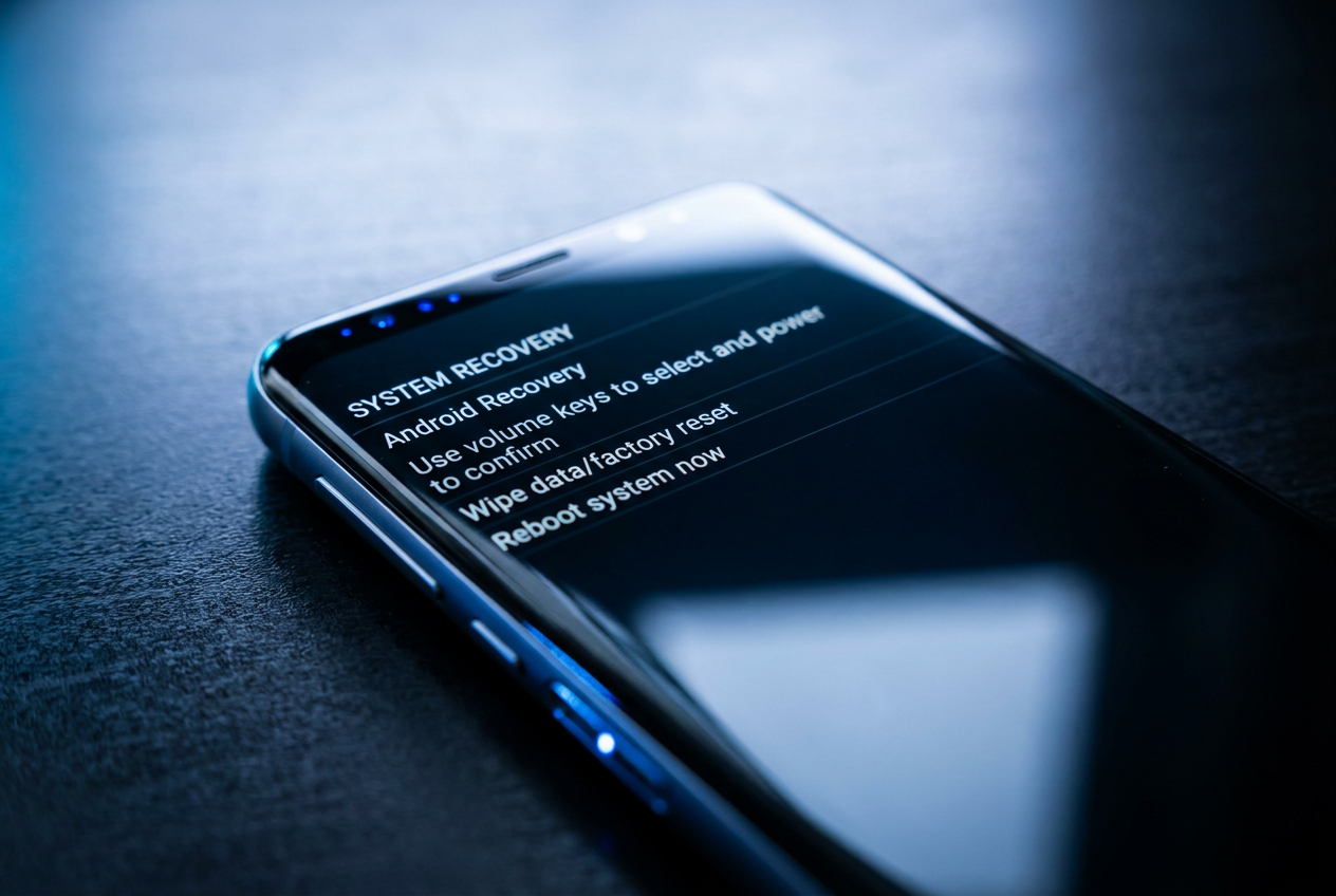 A hyper-realistic close-up of a smartphone screen displaying a professional 'System Recovery' and 'Factory Reset' interface.