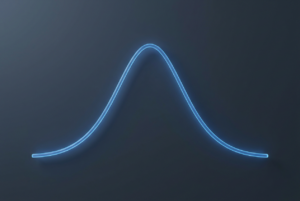 Representación profesional en 3D de una curva de distribución Gaussiana o campana de Gauss brillante sobre un fondo oscuro minimalista.