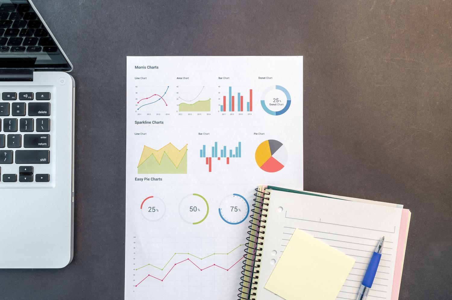 Vista cenital de un escritorio de trabajo con gráficos estadísticos, ordenador portátil y notas, representando el flujo de análisis de datos.
