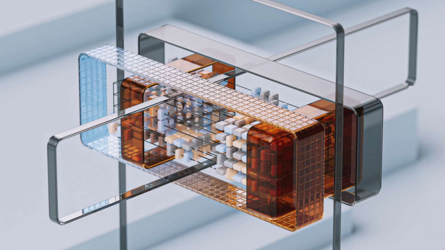 Estructura geométrica compleja en 3D con elementos metálicos y ámbar, simbolizando la capacidad de razonamiento, planificación y arquitectura del modelo Gemini Flash.
