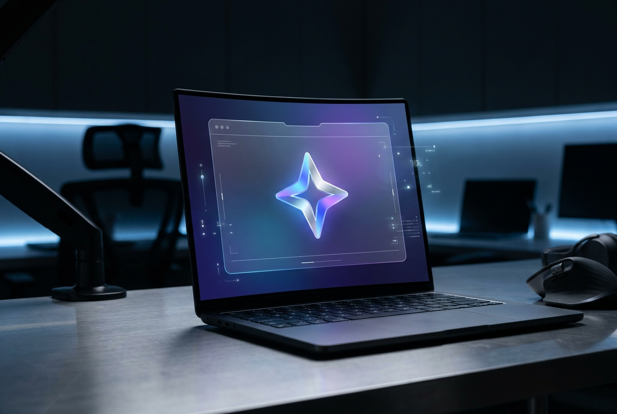 Interfaz futurista de Inteligencia Artificial con el icono de estrella característica de Gemini Intelligence en la pantalla de un portátil, evocando potencia y modernidad.