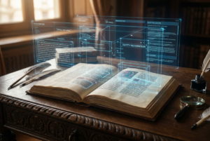 Una interfaz digital futurista analizando un manuscrito antiguo sobre un escritorio de madera, representando el uso de IA para trabajar con fuentes históricas.