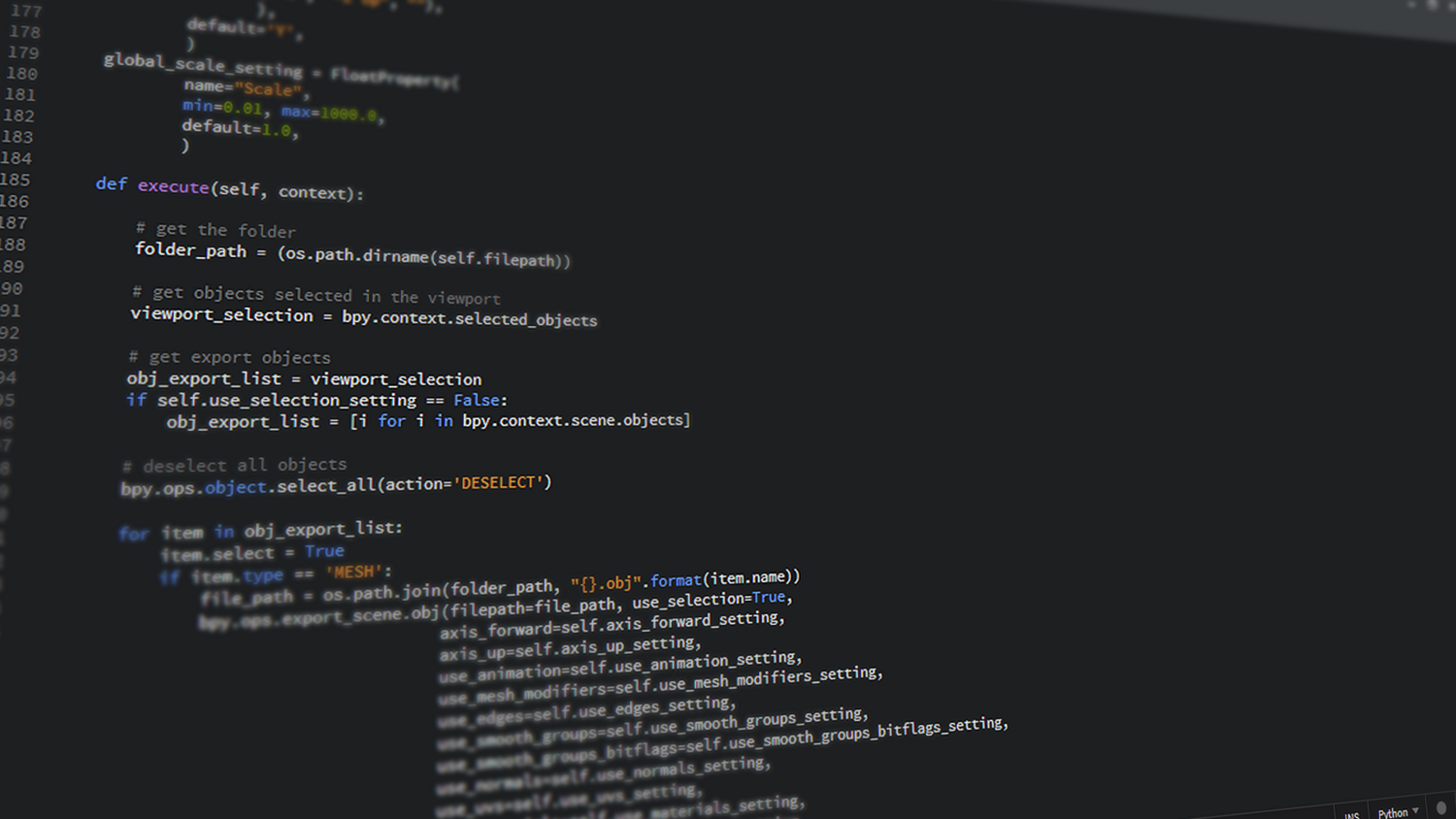 Vista detallada de código Python en un monitor, representando el uso de IDEs potentes para desarrollo backend.