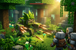 Voxel art 3D render of a Minecraft-style Sentinel monster in a lush blocky forest, launching sharp quills.