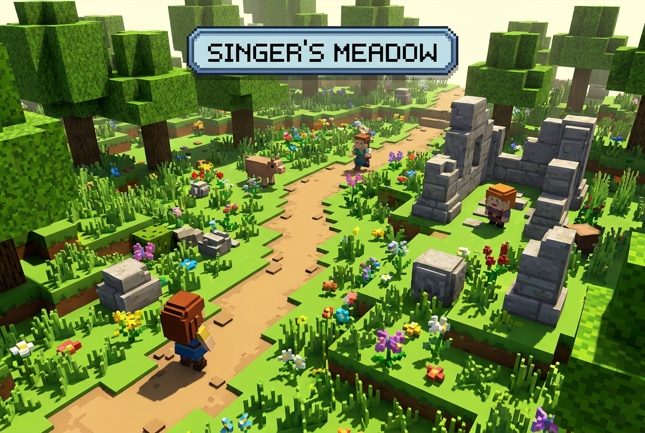 Voxel art 3D render of a lush, green blocky meadow landscape representing Singer's Meadow.