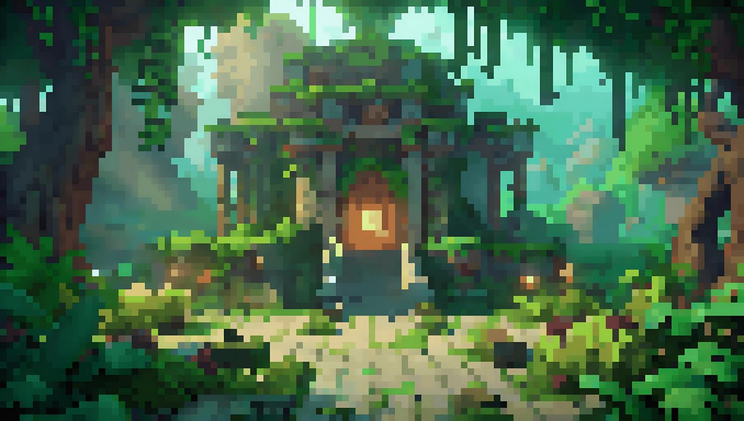 Templo de la selva encantada en arte de píxeles con vegetación exuberante y ambiente místico.