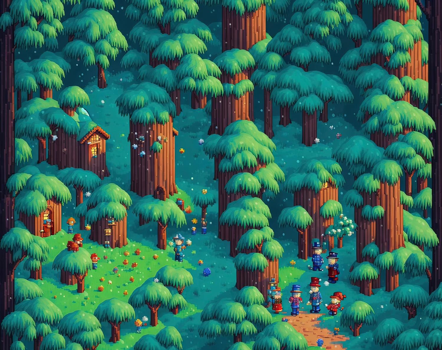 Ilustración de aventura en pixel art de un bosque oscuro y encantado, evocando la atmósfera de exploración de Minecraft Dungeons.