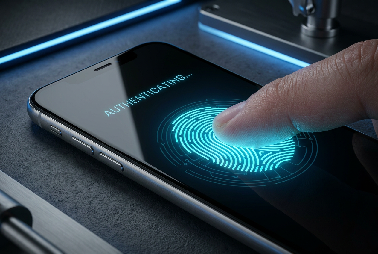 Primer plano tecnológico de un proceso de autenticación biométrica mediante huella dactilar en un smartphone moderno.