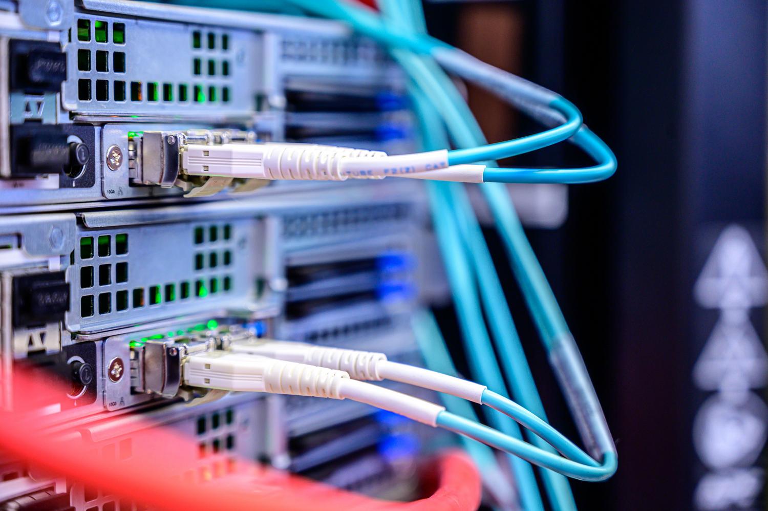 Primer plano de cables de red conectados a un servidor, simbolizando la conectividad y la transmisión de datos.