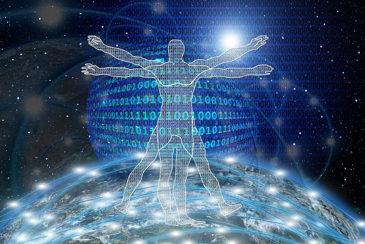Visualización abstracta de código binario y conexiones globales, representando la lógica de direccionamiento IP.