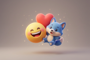 Representación conceptual de emojis en 3D con renderizado volumétrico, luces y sombras suaves sobre un fondo neutro.