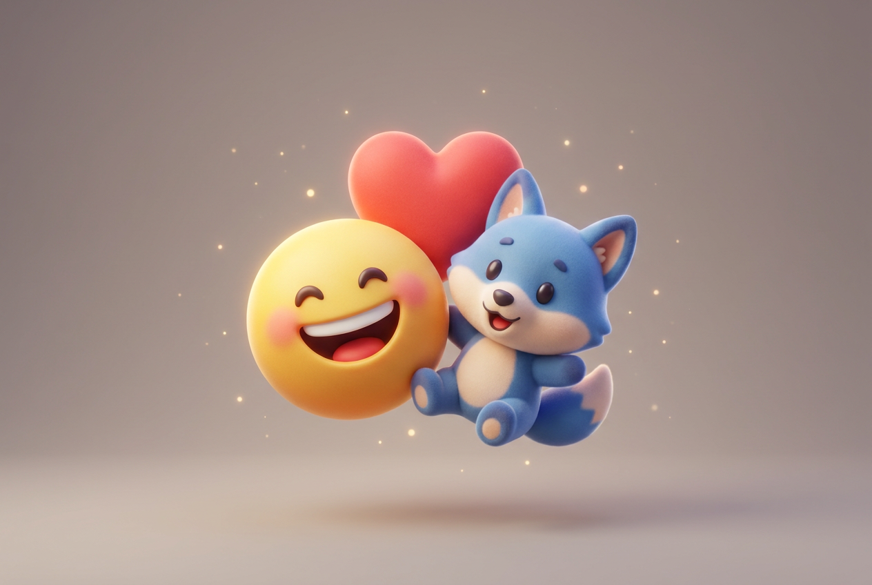 Representación conceptual de emojis en 3D con renderizado volumétrico, luces y sombras suaves sobre un fondo neutro.