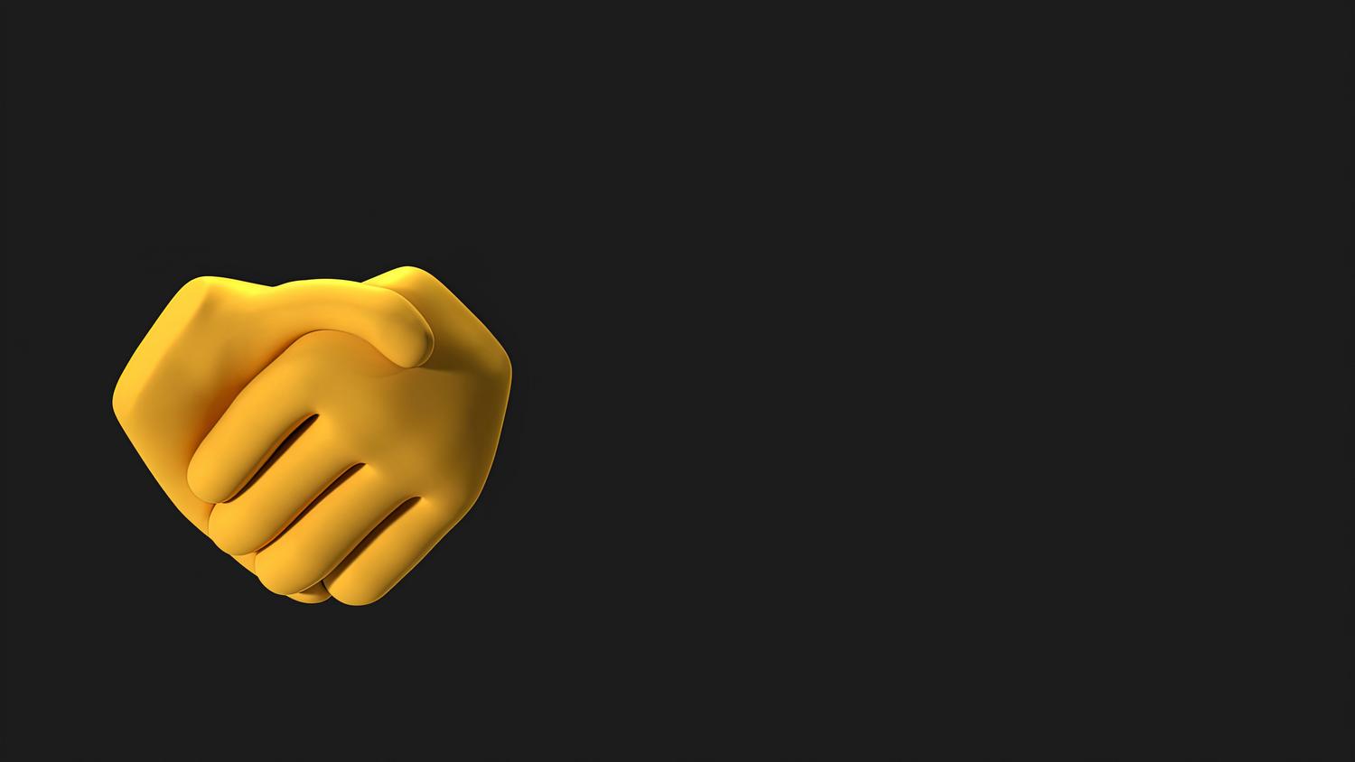Ilustración 3D de un apretón de manos amarillo sobre fondo negro, simbolizando acuerdo y comunicación digital moderna.