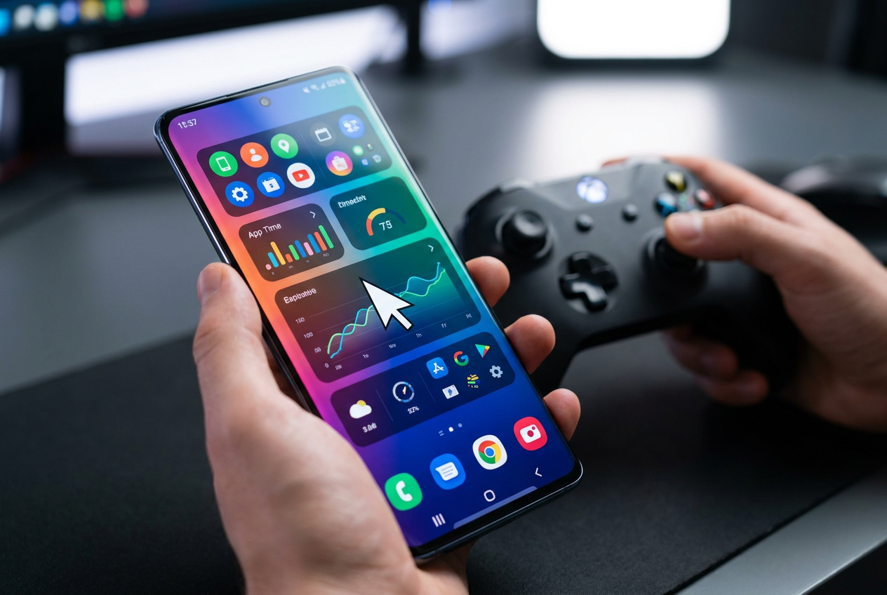 Gambar dekat skrin telefon pintar Android yang menunjukkan kursor tetikus, dengan pengawal permainan di latar belakang. Gambar dekat skrin telefon pintar Android yang menunjukkan kursor tetikus, dengan pengawal permainan di latar belakang.