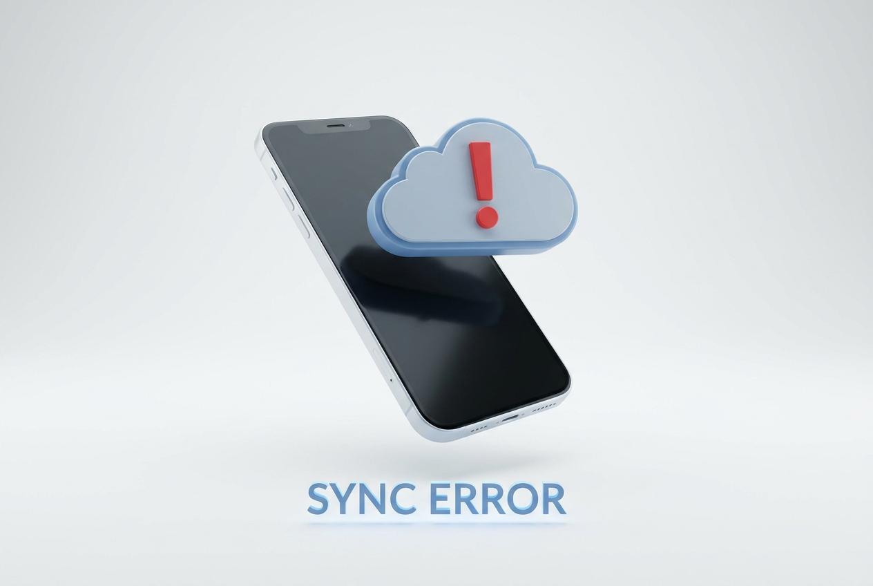 Render 3D minimalista de un smartphone con un icono de nube y un signo de exclamación rojo, indicando visualmente un error de sincronización de datos (Sync Error).