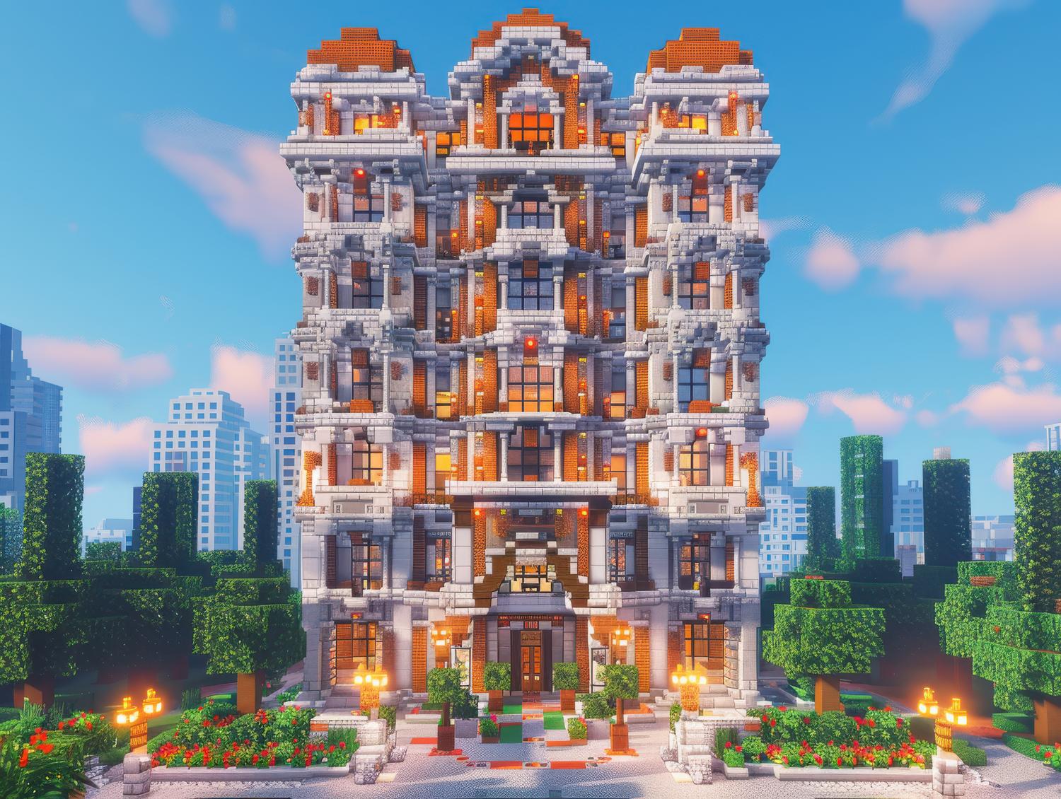 Renderizado detallado de un edificio de apartamentos en Minecraft con arquitectura realista y vegetación circundante.