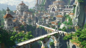 Vista aérea de una ciudad masiva y detallada construida en Minecraft, representando la recreación de entornos urbanos reales.