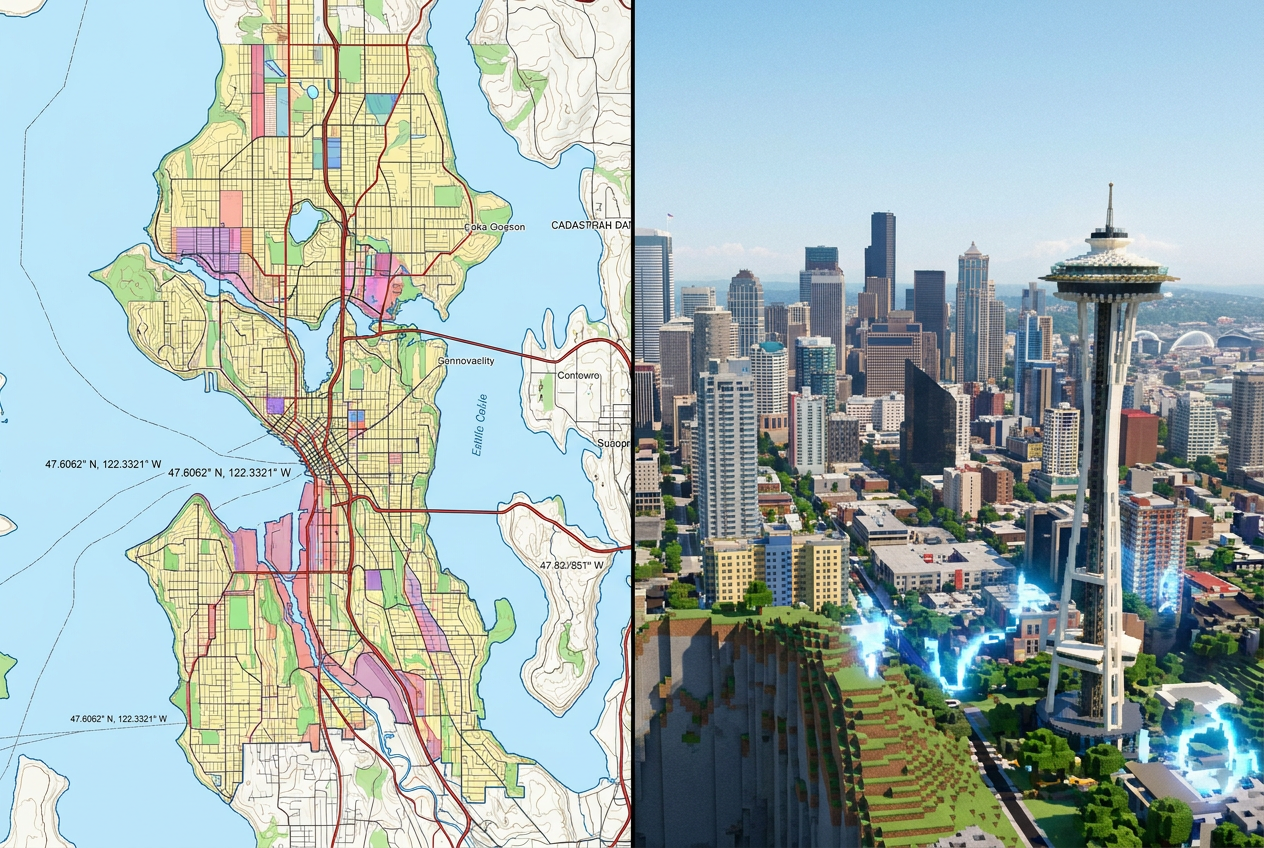 Comparativa entre un mapa topográfico real con datos catastrales y su transformación en un mundo de bloques de Minecraft.
