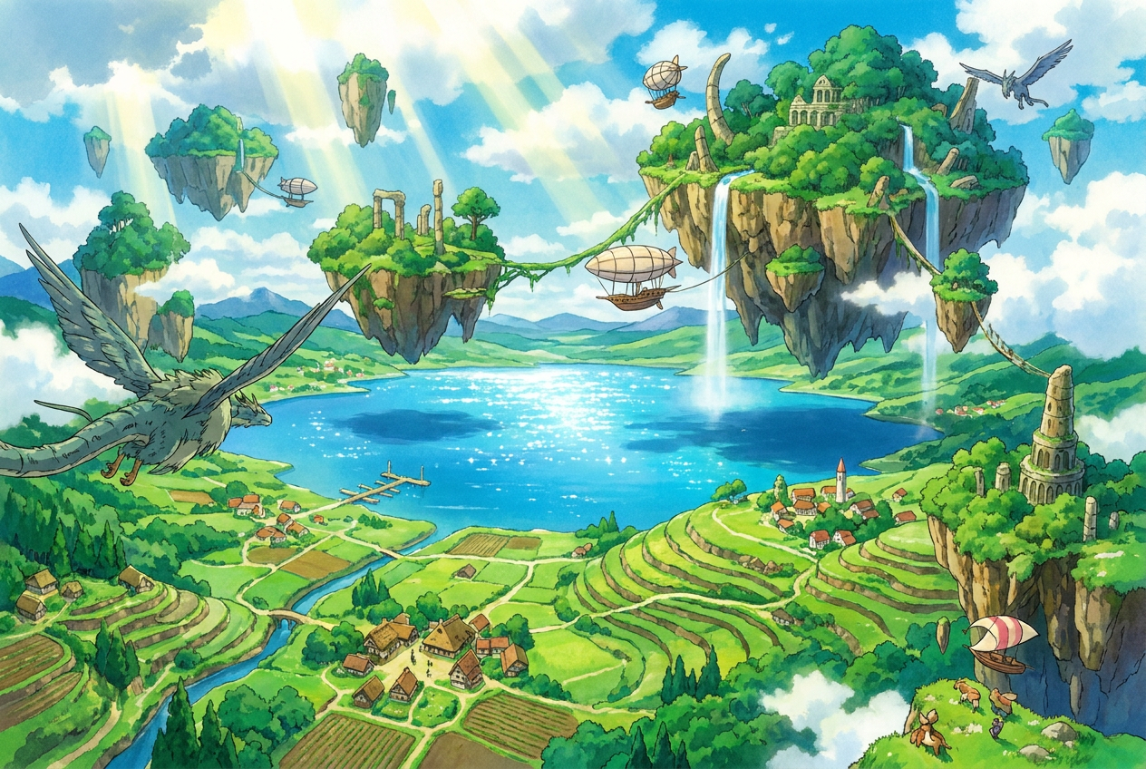 Paisaje fantástico estilo anime con islas flotantes y valles exuberantes, representando el mundo de Teyvat.