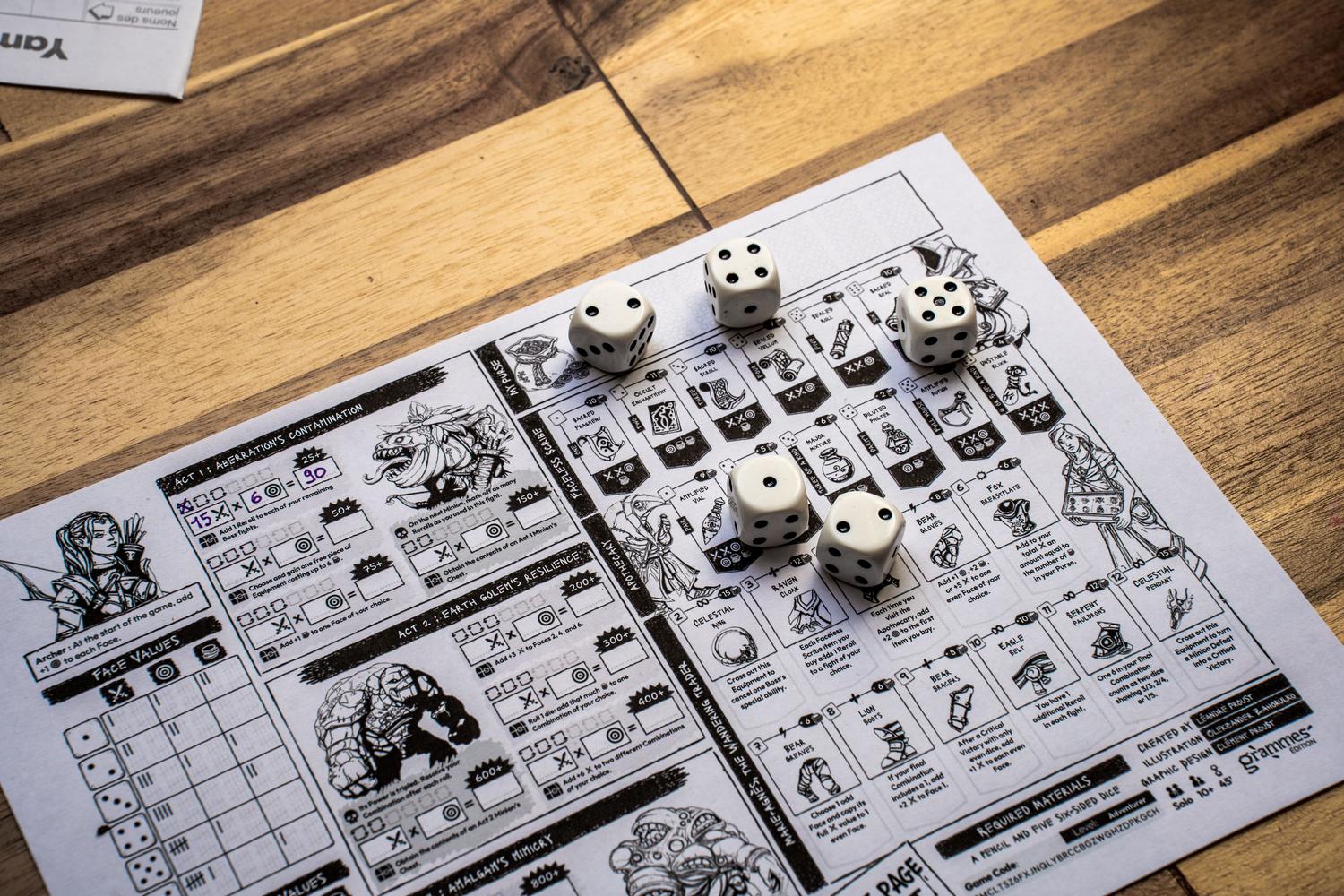 Hoja de personaje de rol y dados sobre una mesa de madera, ilustrando las mecánicas de progresión y RPG del juego. Hoja de personaje de rol y dados sobre una mesa de madera, ilustrando las mecánicas de progresión y RPG del juego.