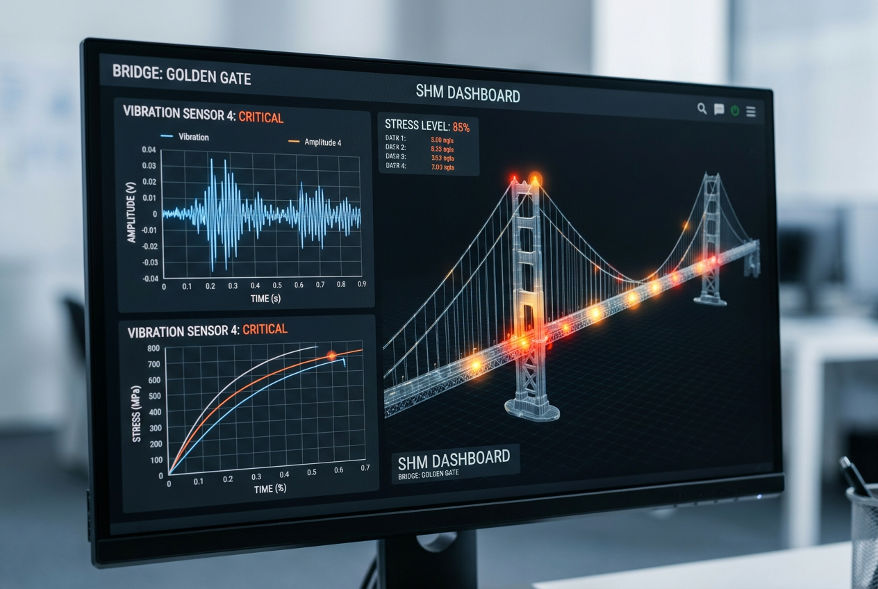Panel de control profesional de monitoreo de salud estructural con gráficos de vibración en tiempo real y un modelo digital twin 3D.