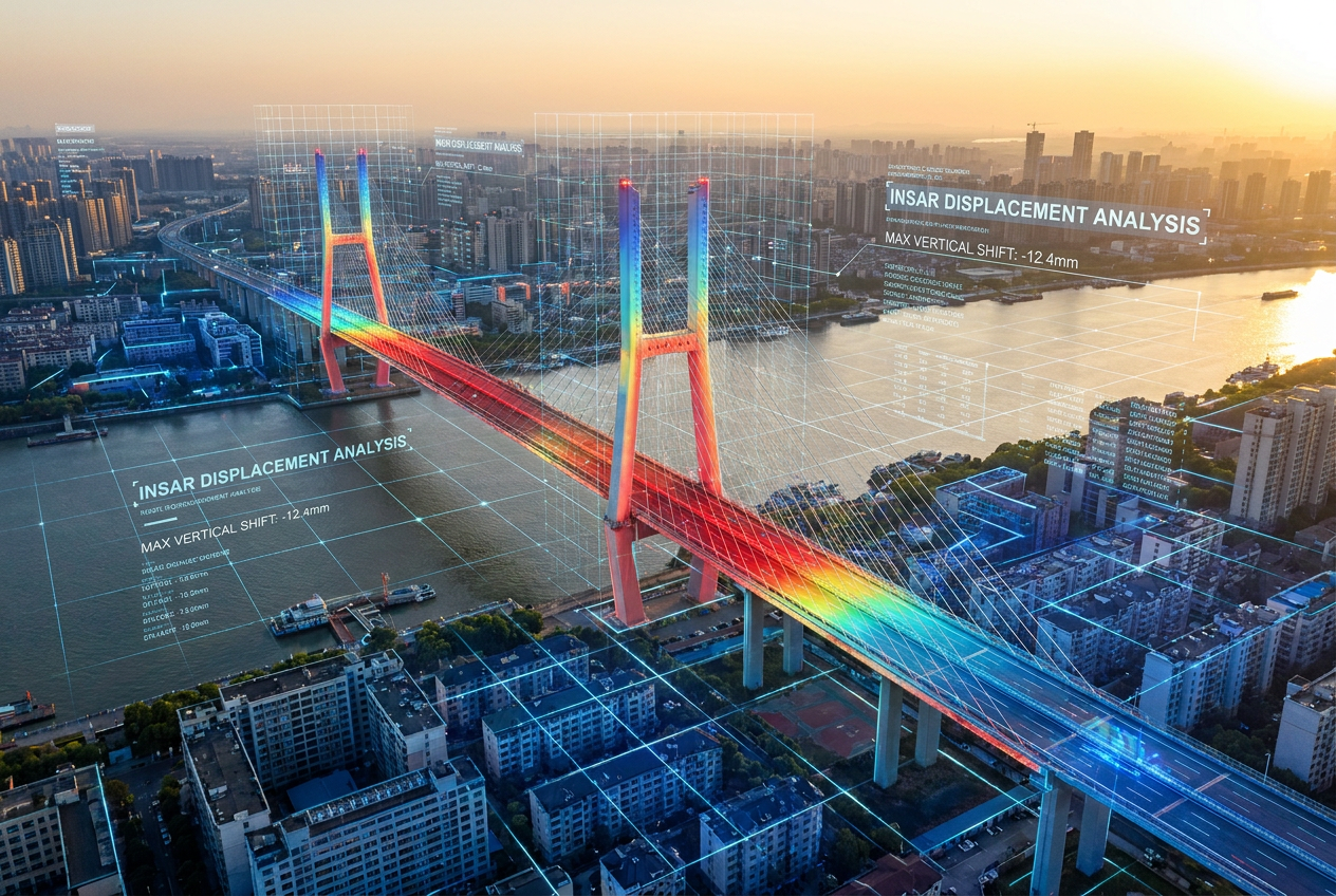 Visualización conceptual de teledetección satelital InSAR sobre un puente, con mapas de calor digitales que indican desplazamientos estructurales.
