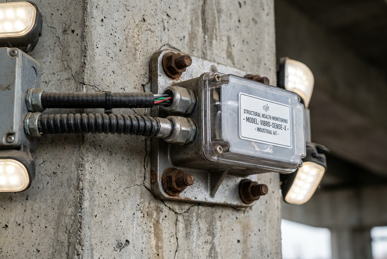 Primer plano de un sensor de monitoreo de salud estructural (acelerómetro) de alta precisión instalado en un pilar de hormigón.