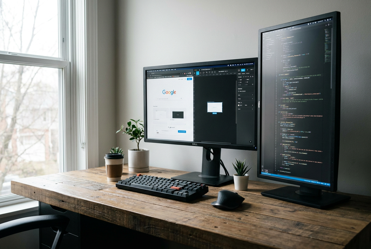Espacio de trabajo profesional con monitor vertical mostrando bloques de código de programación para mejorar la productividad del desarrollador.