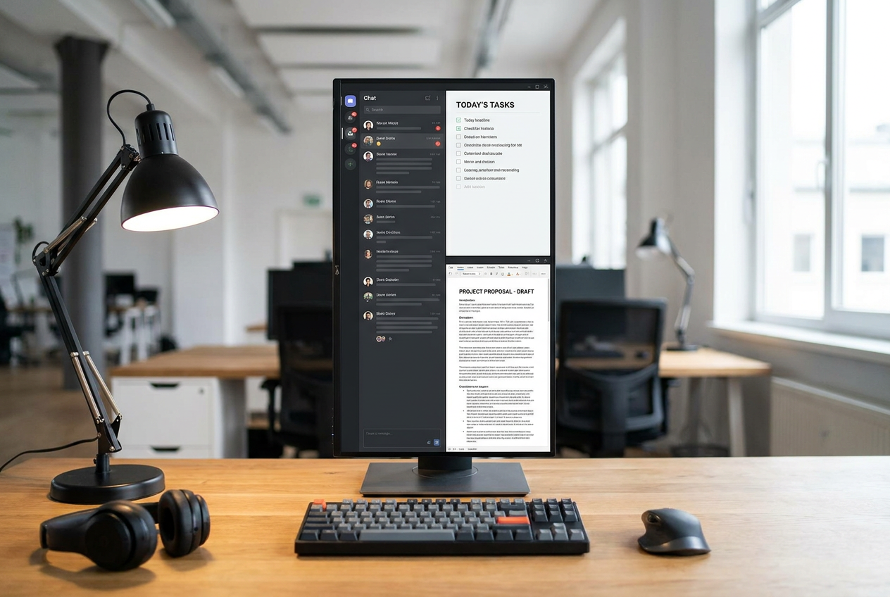 Configuración de monitor vertical en oficina moderna, ideal para gestionar aplicaciones auxiliares como chats, listas de tareas y documentos extensos.