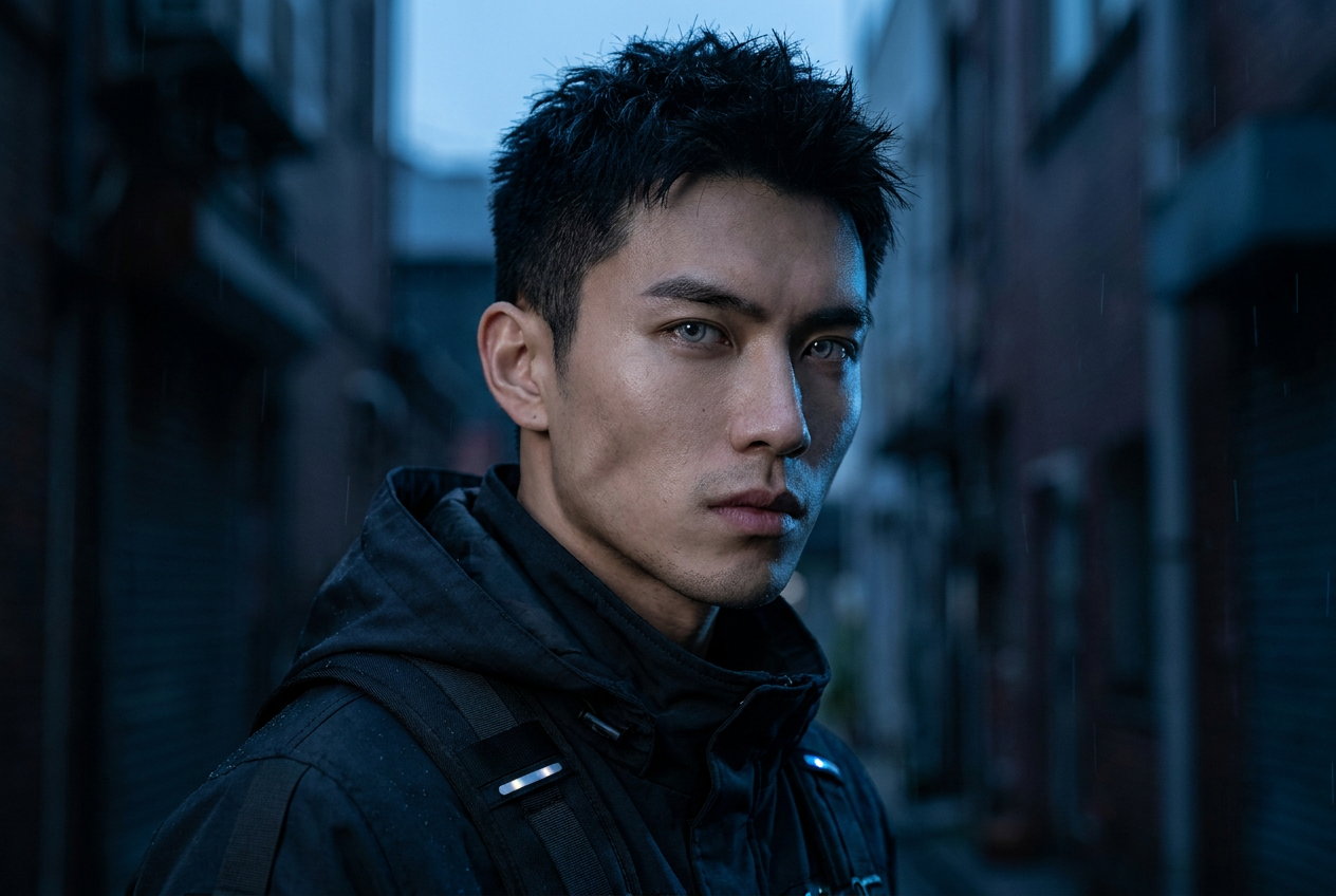 Retrato fotorealista de un personaje masculino de anime con cabello negro puntiagudo, ojos plateados y chaqueta de estilo tech-wear futurista.