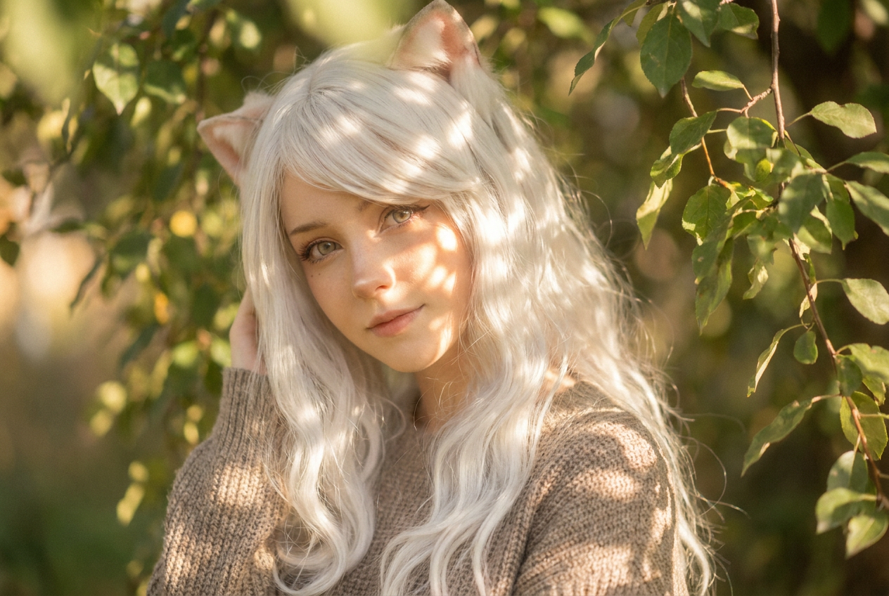 Primer plano hiperrealista de una chica anime con rasgos felinos sutiles, cabello blanco largo y atmósfera etérea bajo la luz del sol.