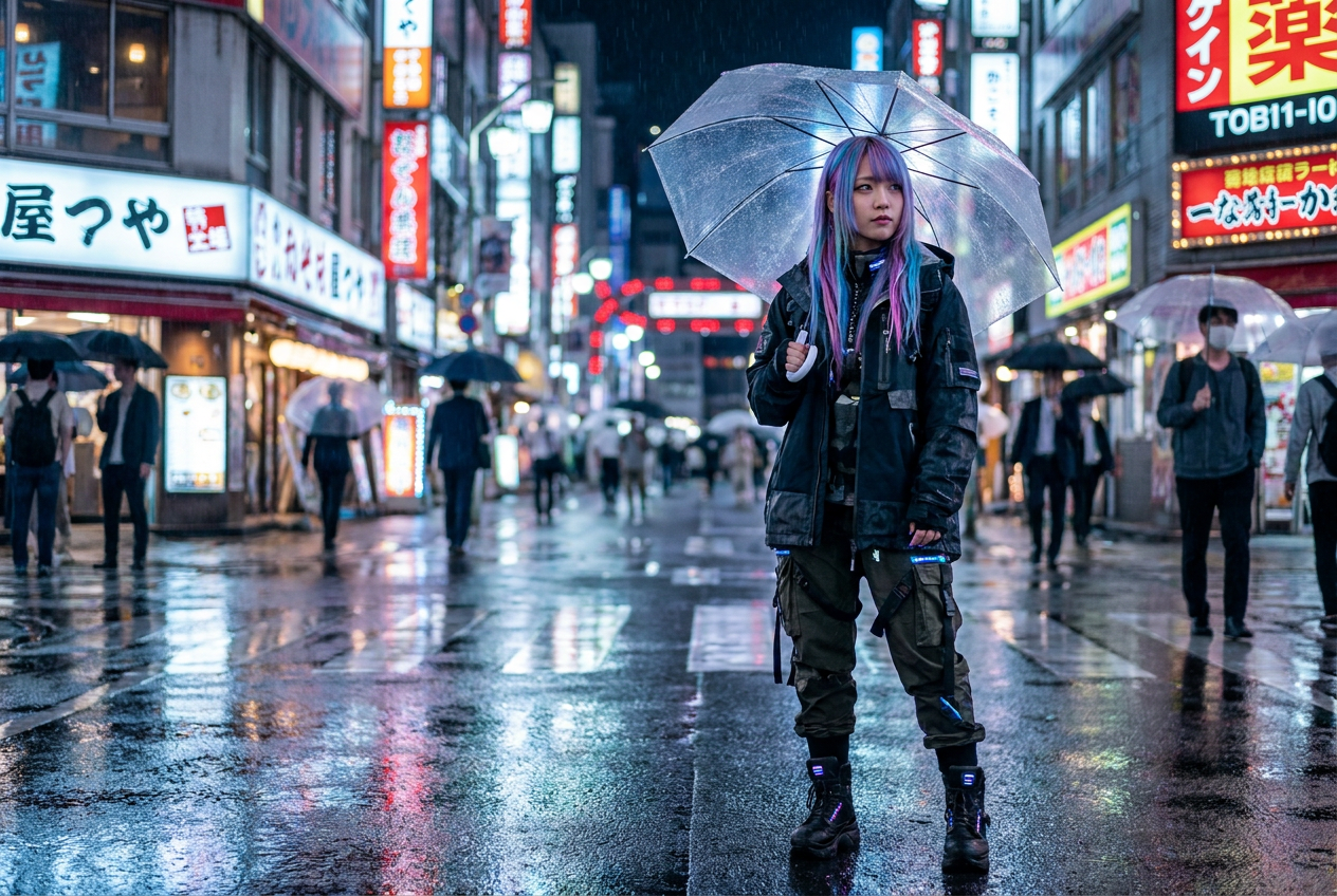 Plano general de un personaje de anime realista caminando por una calle lluviosa de Tokio de noche, con reflejos de luces neón en el pavimento.