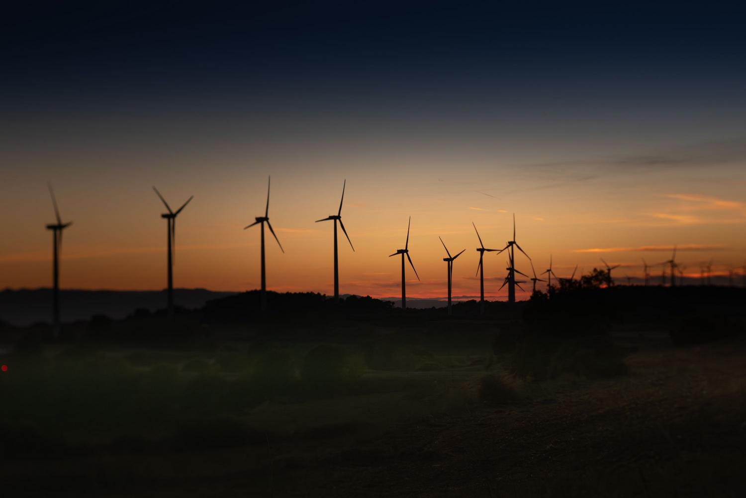 Siluetas de aerogeneradores al atardecer, simbolizando la infraestructura de energía limpia y la transición energética.