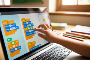 Primer plano de la mano de un niño interactuando con una interfaz de programación por bloques colorida en un ordenador portátil, ilustrando el concepto de piezas que encajan como LEGO.