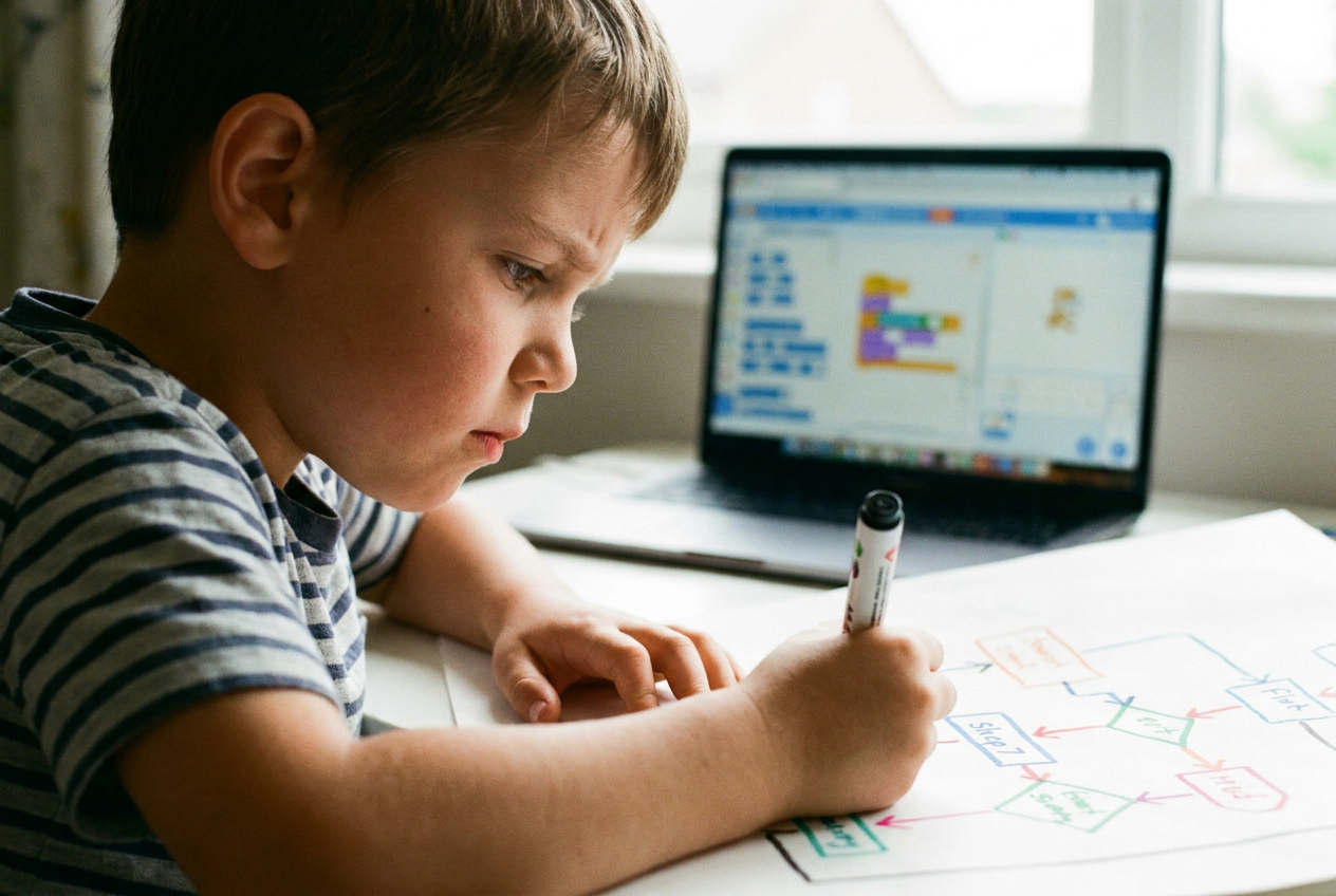Niño de primaria diseñando un algoritmo o diagrama de flujo en papel con rotuladores, con un ordenador con código por bloques al fondo, representando el pensamiento computacional.
