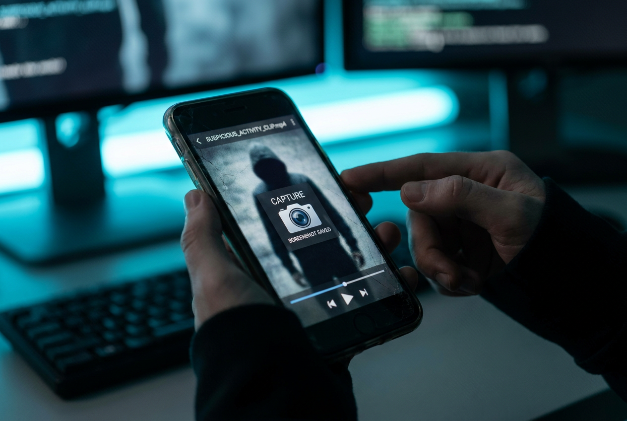 Mano sosteniendo un smartphone capturando una captura de pantalla de un vídeo sospechoso como prueba digital.