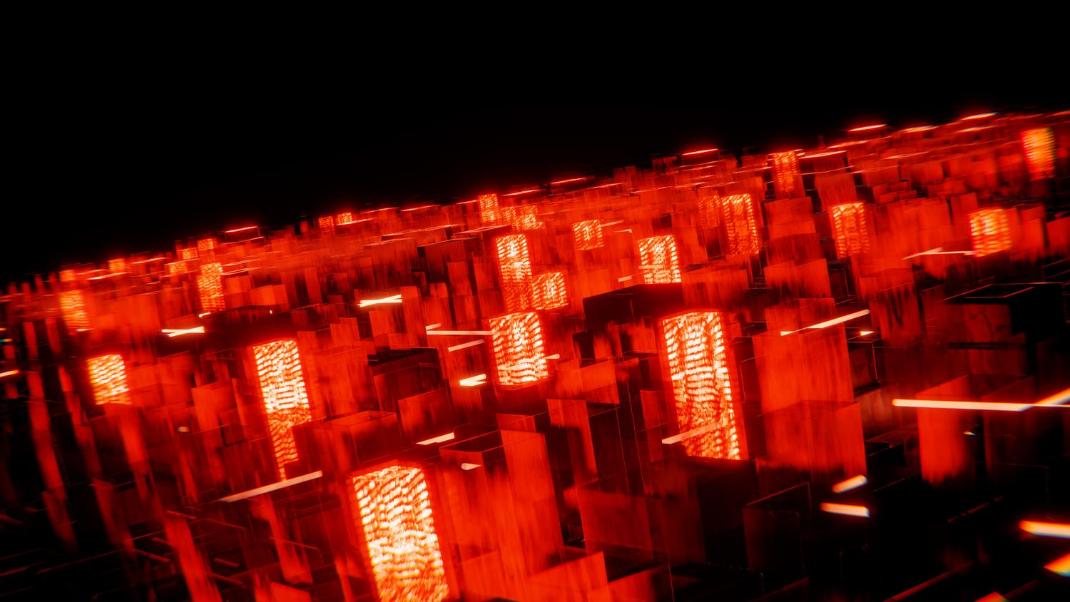 Paisaje urbano digital surrealista iluminado por neones rojos, evocando la atmósfera paranormal de Control Resonant.