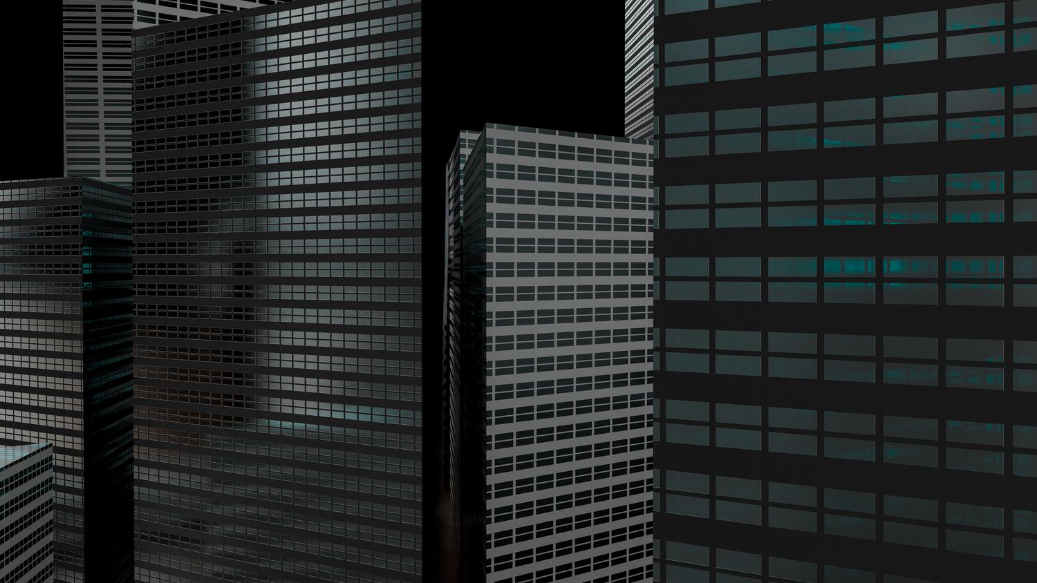 Ilustración futurista de rascacielos en una ciudad con una estética oscura y moderna, representando la Manhattan deformada del juego.